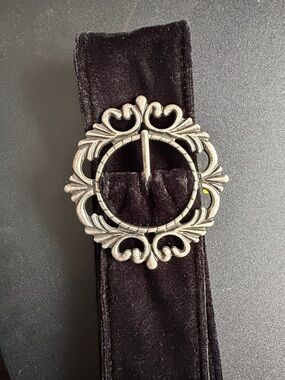 Vintage-Inspired Black Velvet Belt with Ornate Silver Buckle